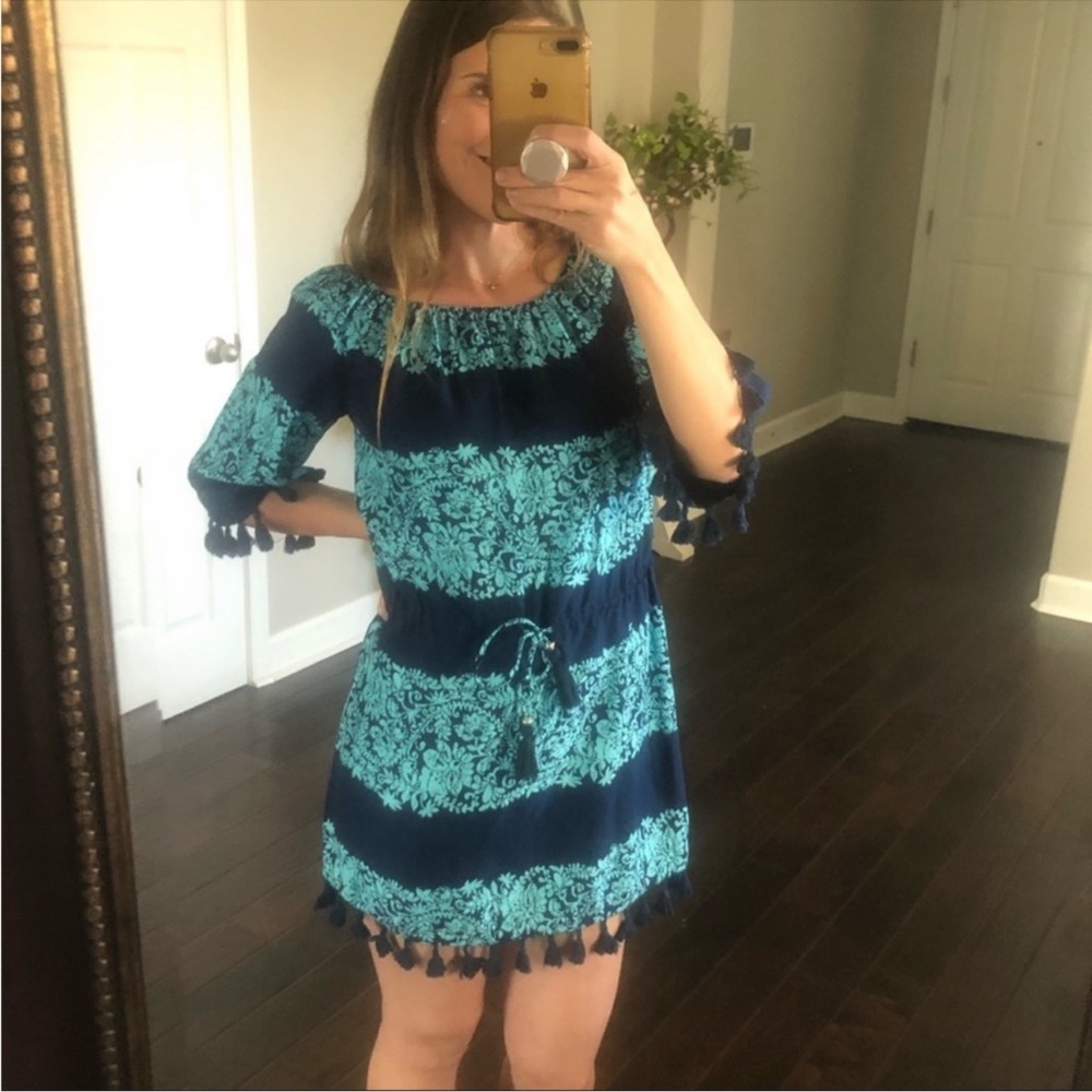 Spiaggia Dolce teal blue off the shoulder tassel tropical dress